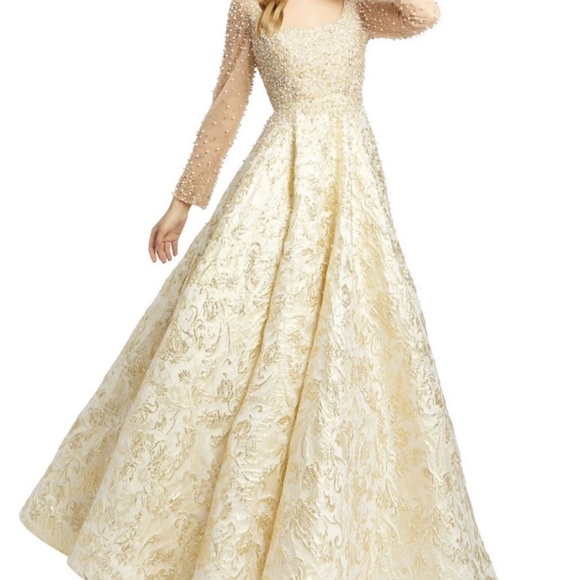 BRAND NEW GOLD MAC DUGGAL BALLGOWN A LINE DRESS WITH PEARLS AND RHINESTONES - Picture 1 of 5